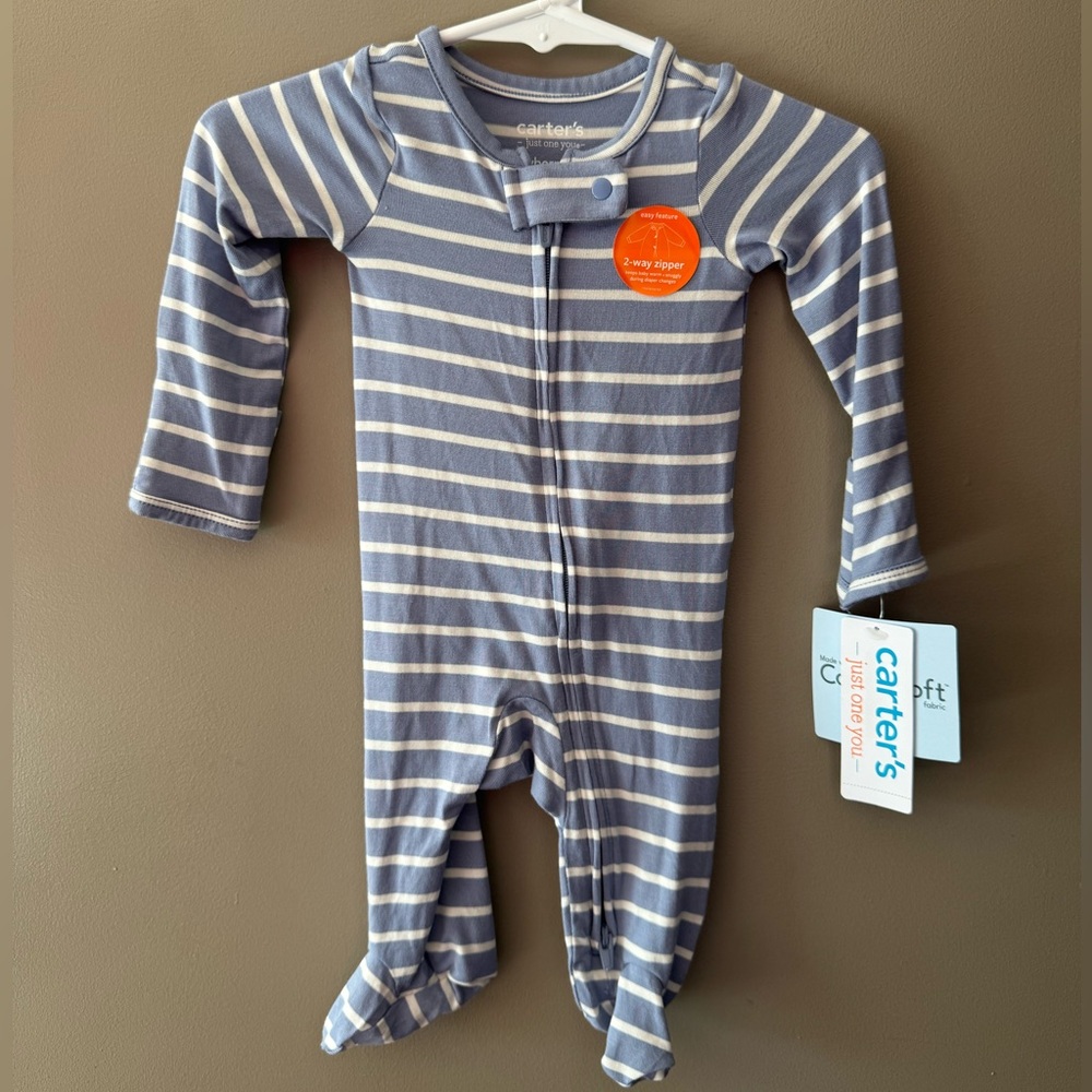 Carter's Blue & White Striped Buttery Soft Long Sleeve One Piece 2 Way Zipper